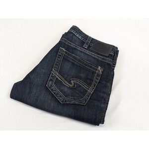 Silver Jeans Mens Zac 38x34 Straight Dark Wash Embroidery